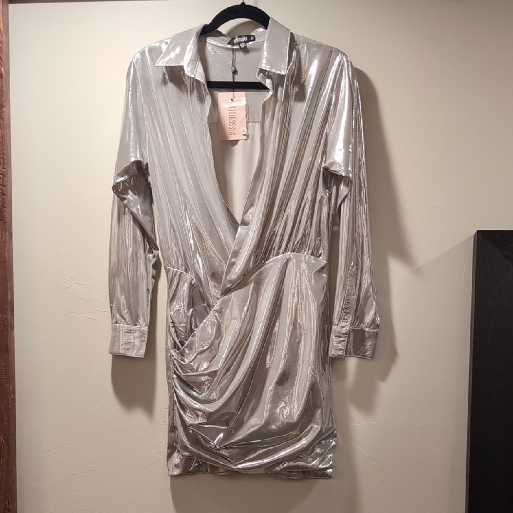 Low Cut Silver Stretch Metallic Wrap Dress